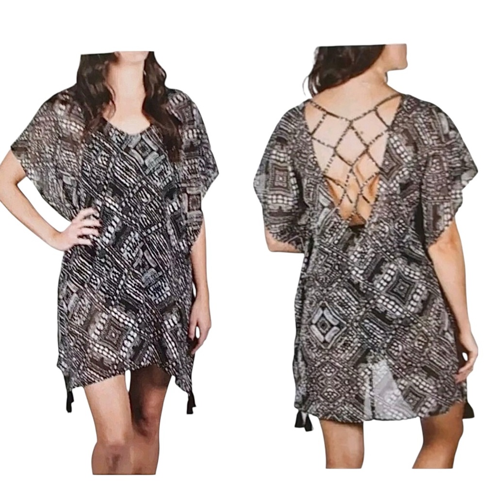 Palisades Bay Black Geometric Swim Cover Up Criss Cross Back Dress NWT S…